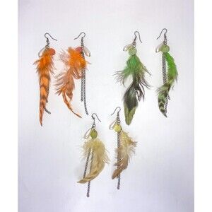 Vtg 1970s Lot 3 Handmade Boho Nature Feather Hanging 5" Dangling Drop Earrings